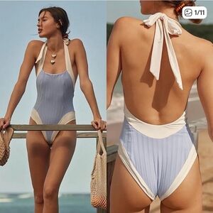 Kya for Free People Rosie periwinkle Blue and White Halter Swimsuit M medium New